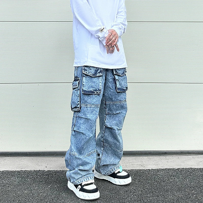 fashion loose streetwear cargo denim jeans unisex casual multi pocket wide legs jean pants hip hop joggers mens baggy jeans unique joggers style 1953