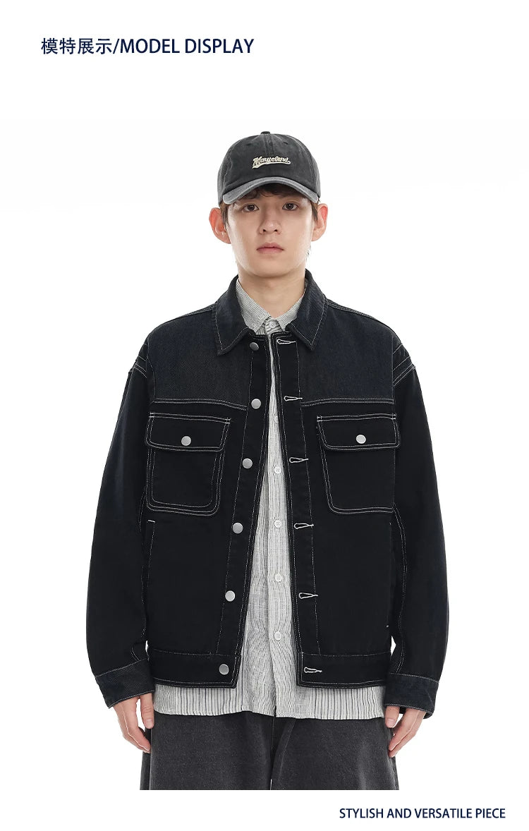black denim splice coat mens streetwear fashion vintage loose casua plus size denim jacket man spring autumn coat outerwear unique jeans style 881