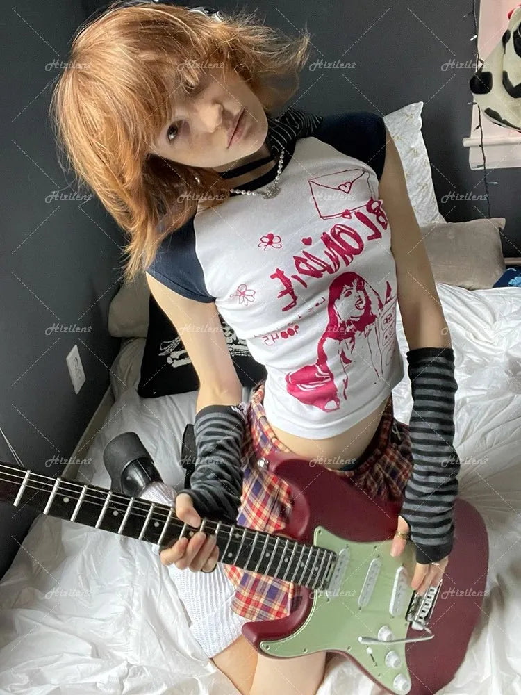Kawaii Graphic Women Crop Tops Harajuku baby tee Y2K Goth Short Sleeve Streetwear Print Clothes T-shirt emo scene Vintage Grunge Street King Limited