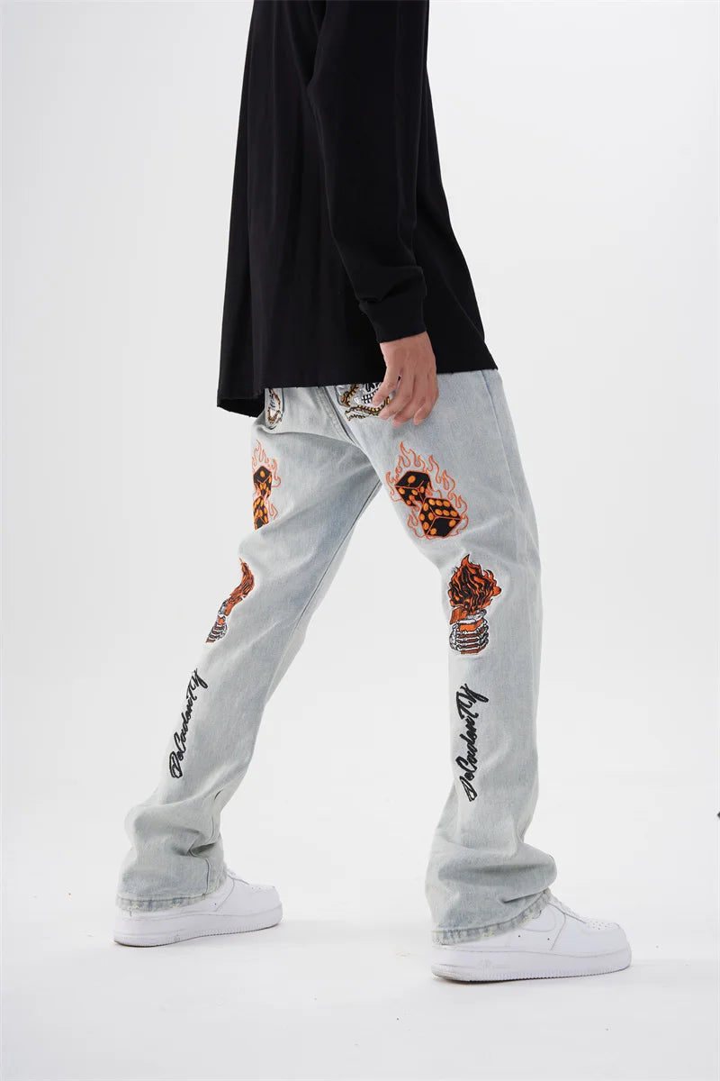 fashion back skull letters embroidery denim flare jeans mens zipper straight trouser hip hop streetwear pants joggers jeans men unique joggers style 5105
