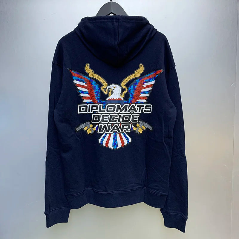 New WHO DECIDES WAR Hoodies Men Woman Deep Blue Oversized Vintage Eagle Printing Trend Hip Hop Hooded Hoodies Street King Limited