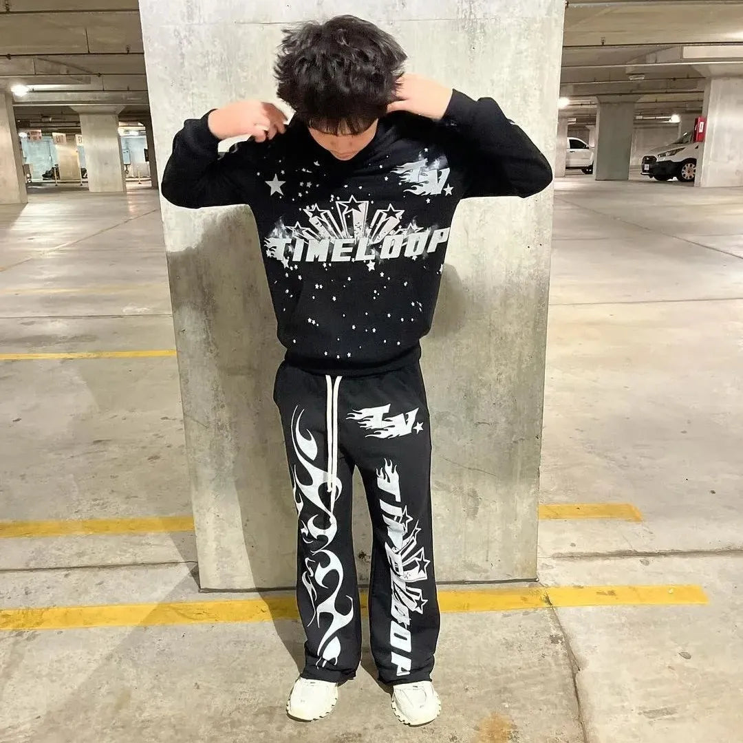 Y2K women's clothing hoodies set Sweater long sleeved pullover top vintage oversize streetwear Gothic dark print pattern 2024 Street King Limited