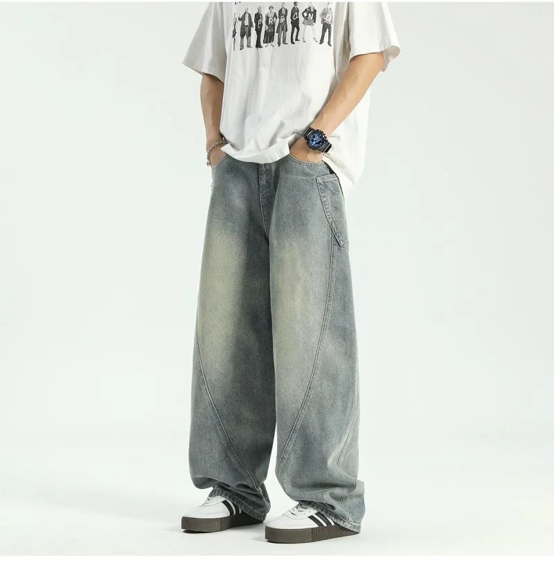 new vintage men s patchwork baggy jeans draped straight leg denim trousers autumn korean fashion high street casual y2k jean unique jeans style 533