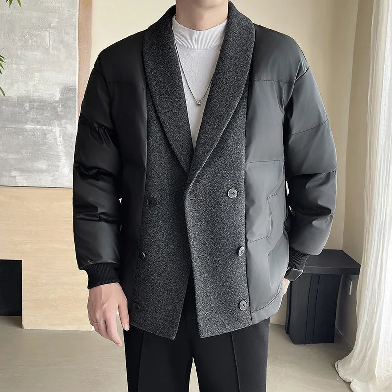 men winter woolen splice cotton padded business casual thicken warm jacket korean streetwear fashion parkas coat outerwear relaxed fit trousers