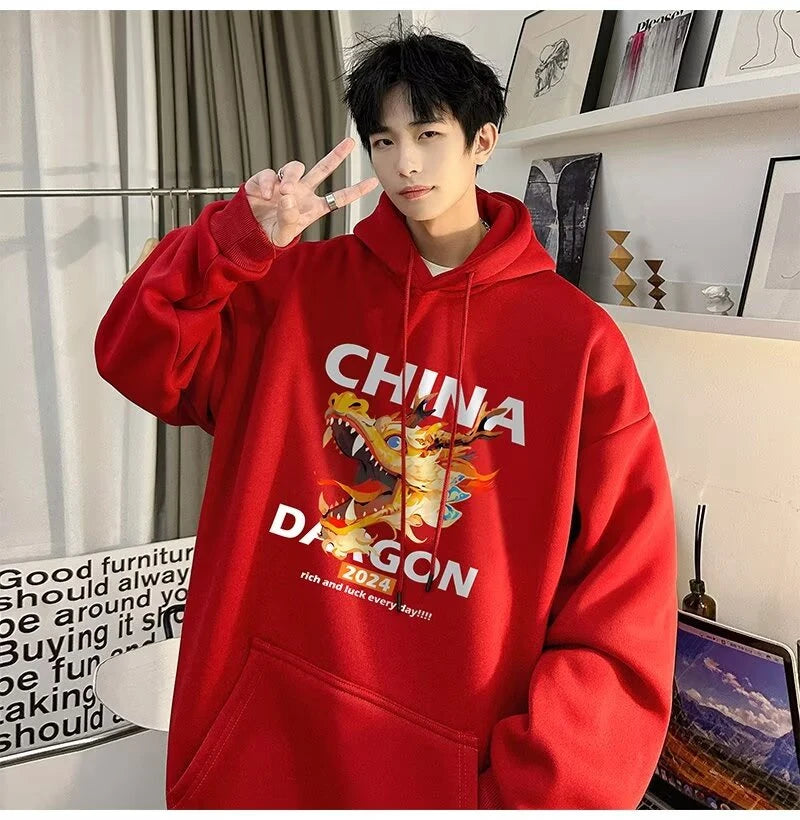 2024 New China Dragon Graphic Hoodies Men Hip Hop Streetwear Hoodie Sweatshirt Harajuku Fleece Printed Pullover Hoody Clothes Street King Limited