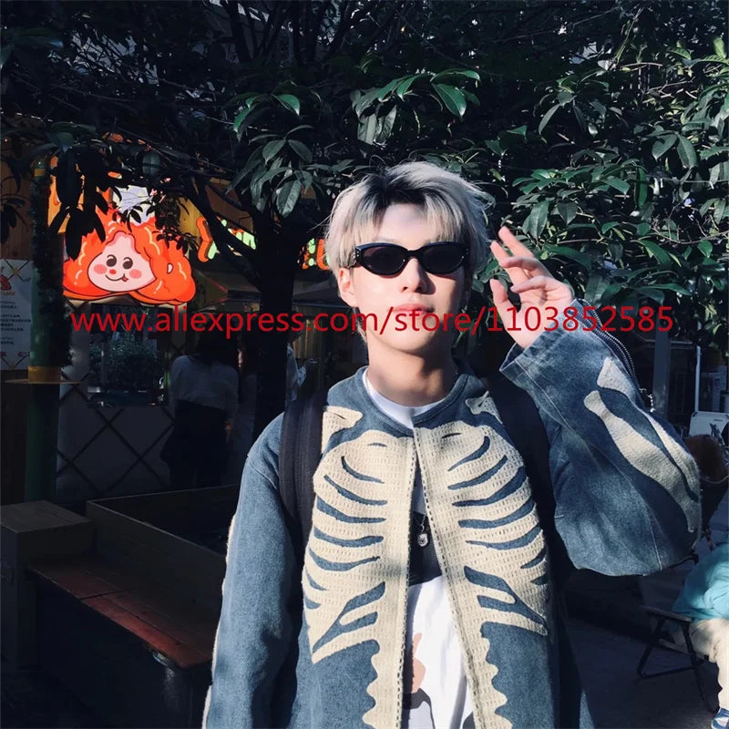 vintage mens long sleeved denim jacket high street oversized washed bone embedding tops clothing autumn winter 2024 heavyweight stacked flare jeans
