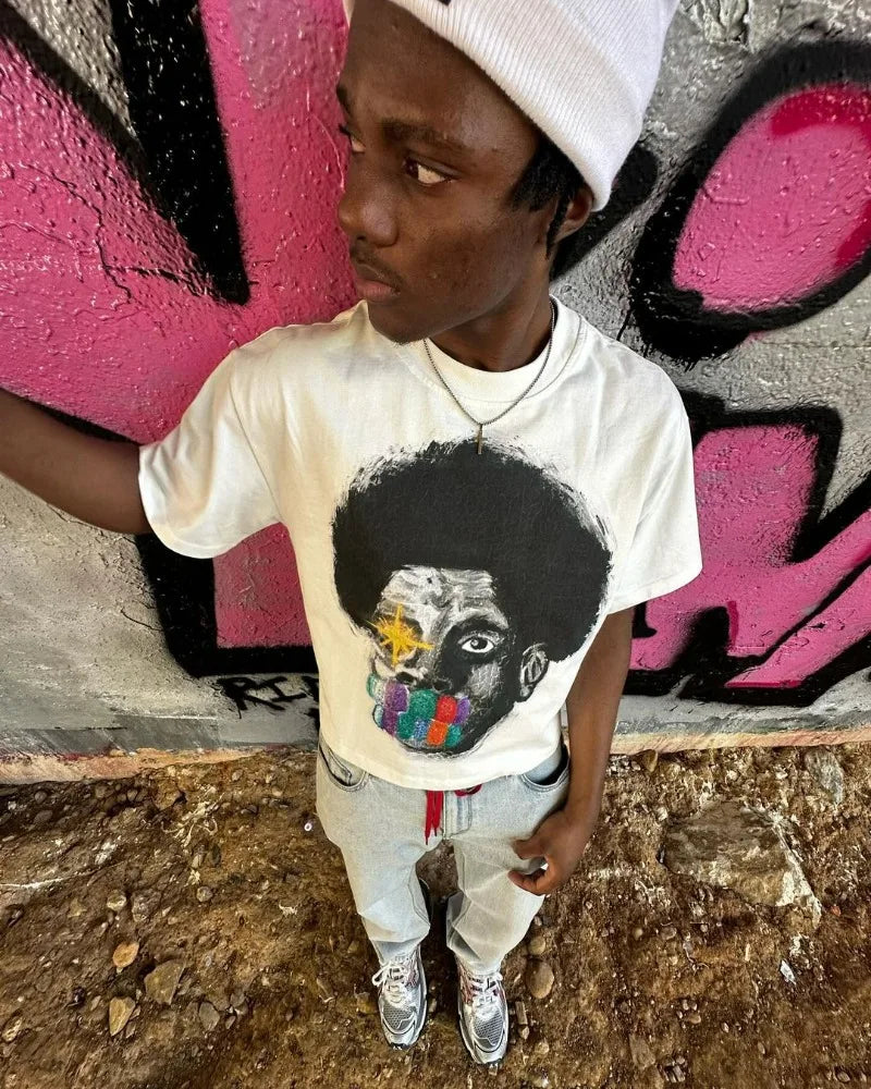 Summer American High Street Fashion Brand Round Neck Short-sleeved Y2k Harajuku Retro Anime Print Oversized Couple T-shirt Top Street King Limited