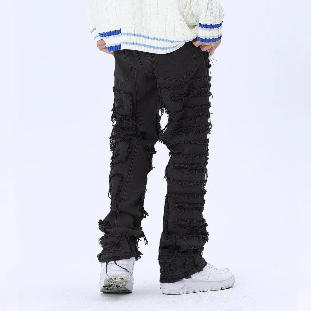 tassel hole spliced european and american straight leg denim pants new popular patch jeans mens wear unique jeans style 312