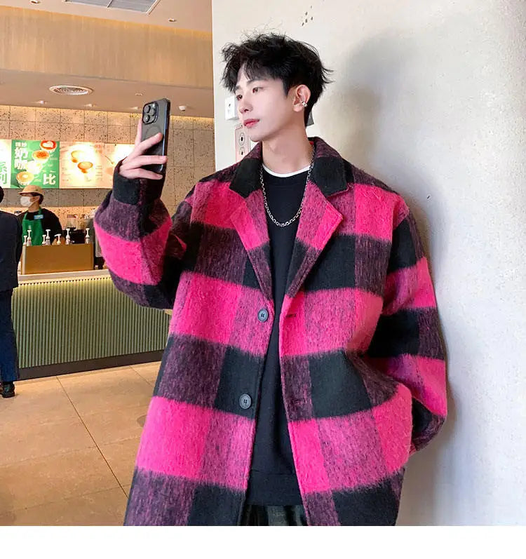 plaid woolen trenchcoat men autumn winter fashion retro streetwear suit collar loose casual trendy trench coat outerwear unique default style 1194