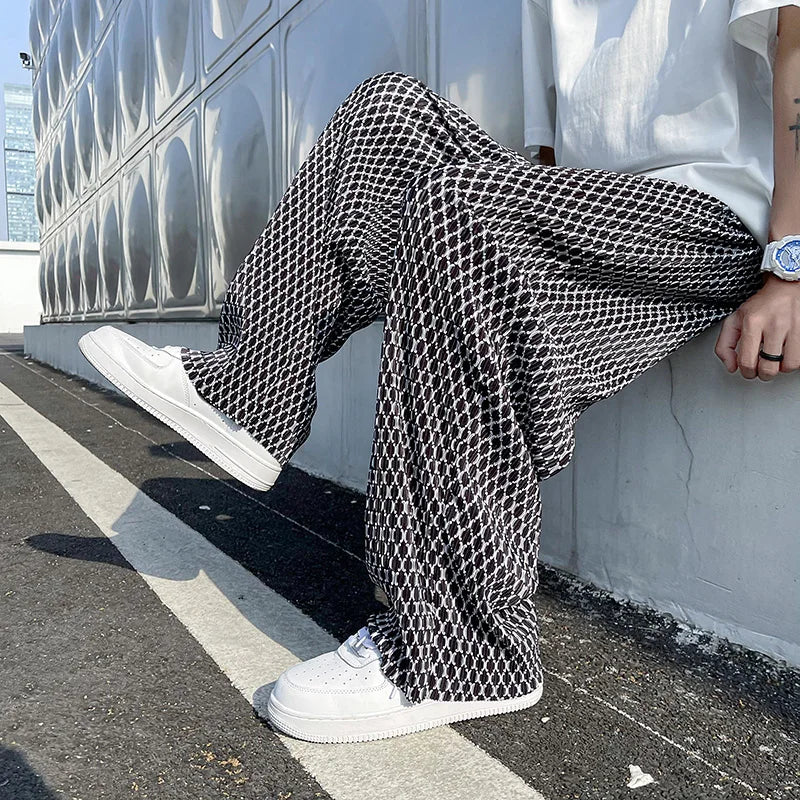 Summer Ice Silk Pants Men Oversized Retro Plaid Pants Men Japanese Streetwear Loose Wide Leg Pants Mens Pleated Trousers M-5XL Street King Limited