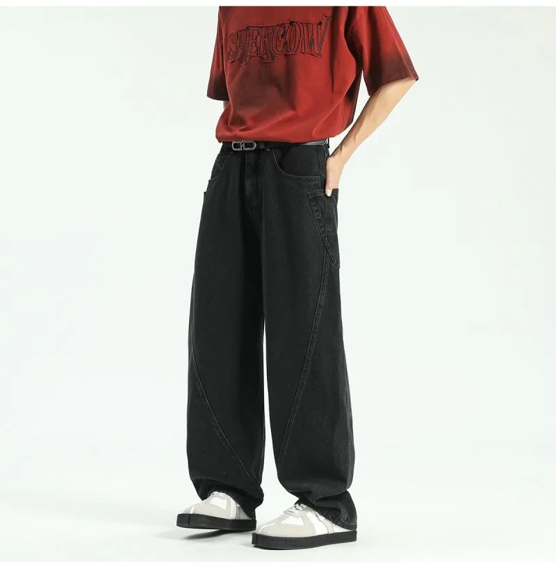 new vintage men s patchwork baggy jeans draped straight leg denim trousers autumn korean fashion high street casual y2k jean unique jeans style 537