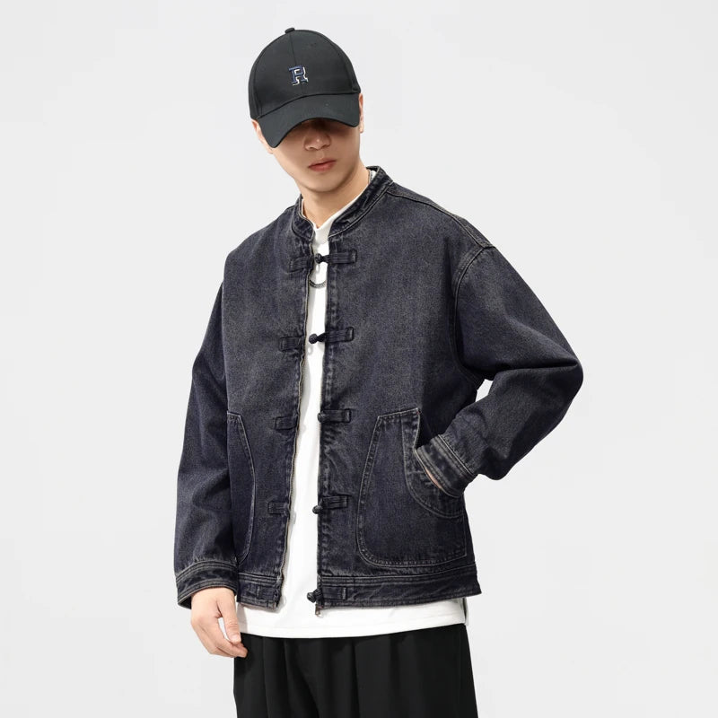 men spring autumn streetwear fashion retro loose casual plus size stand collar denim jacket man jeans coat outerwear vintage washed jeans