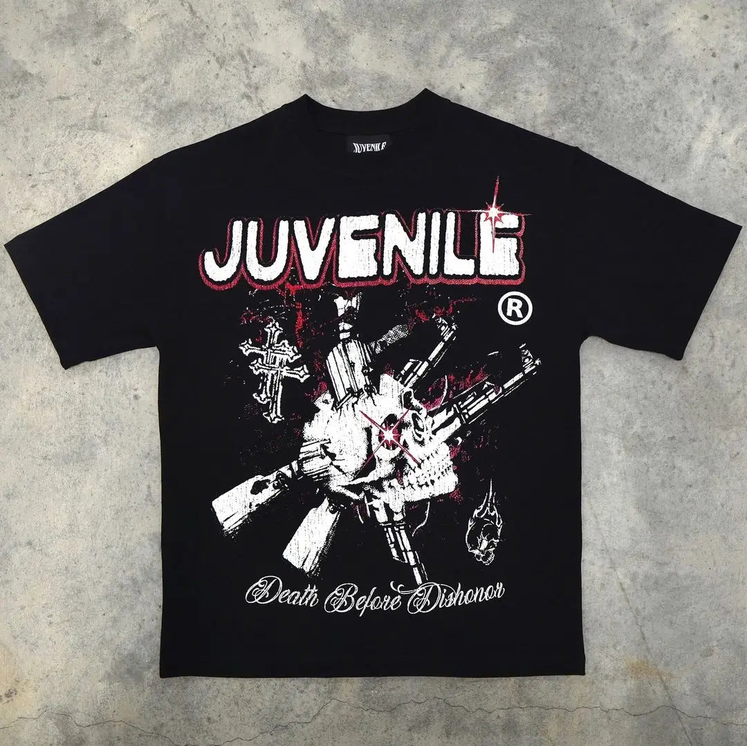 Trendy Brand Rock Punk Streetwear Y2K Harajuku Gothic Retro Pattern Printed Oversized T-shirt Men American Hip-hop Casual Tops Street King Limited