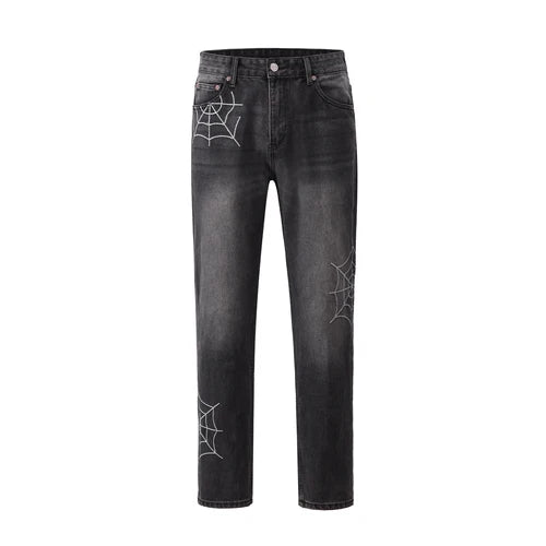 mens hip hop streetwear denim pants cobweb embroidery denim pants 2023 harajuku zipper cotton joggers jeans trousers harem pants unique joggers style 917