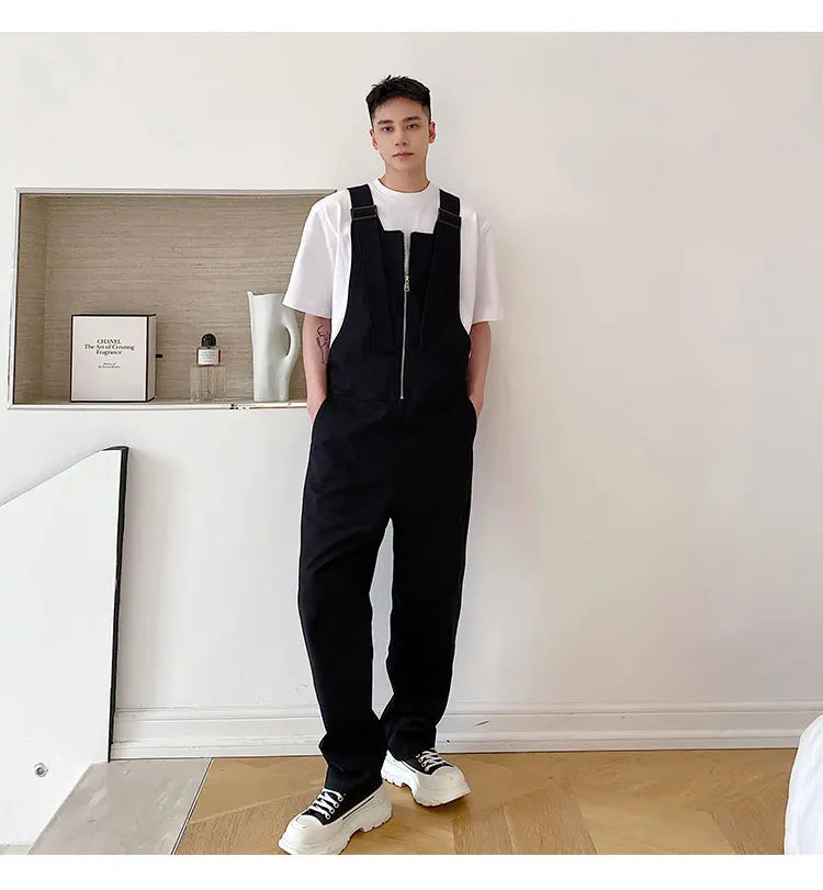 Trendy Men's Shoulder Strap Jumpsuit Pants Washed Loose Fitting Workwear Pants Multi Pocket Streetwear Cargo Suspenders Pants Street King Limited