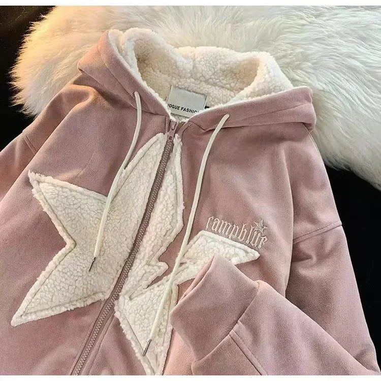 Star Hoodie American Style Retro Jackets Five Pointed Plush Thickened Lamb Wool Coat Women Autumn and Winter Loose Lazy Style Street King Limited
