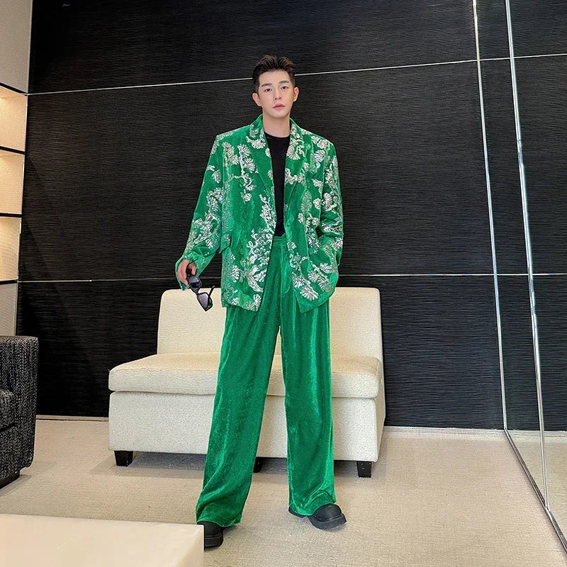 men sequin embroidery velvet loose casual 2 pieces suits blazers jacket pant sets stage party dress suits performance costumes unique default style 2730