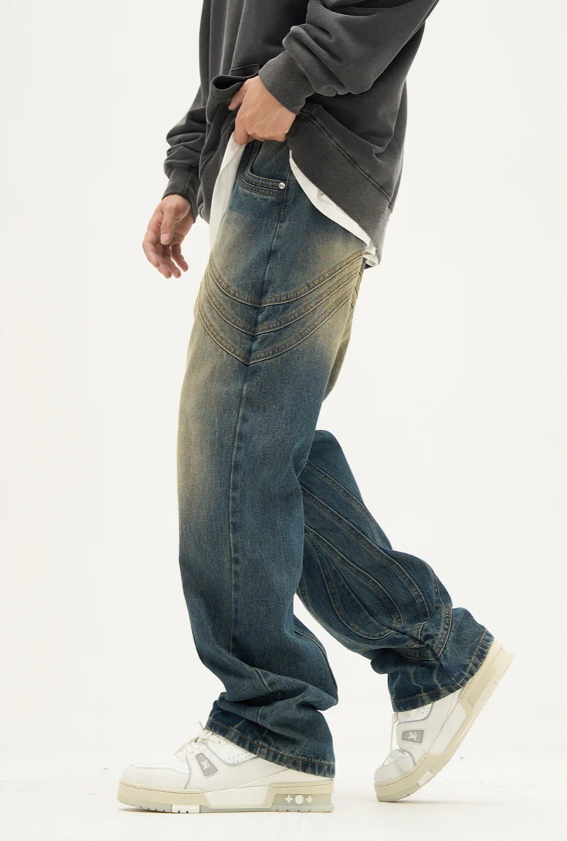 mens retro washed denim jeans loose straight pants 2023 new fashion streetwear trousers hip hop casual zipper jean pants joggers casual joggers