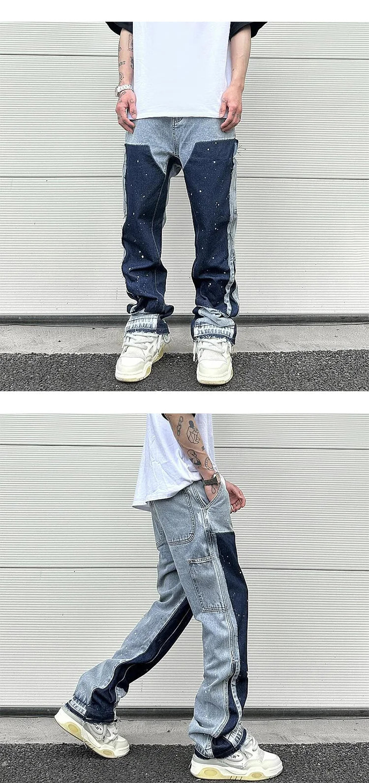Harajuku Black Graffiti Flared Jeans Pants Patches Hip Hop Splashed Ink Wide Jeans Trousers Blue Slim Fit Washed Jeans for Men Street King Limited
