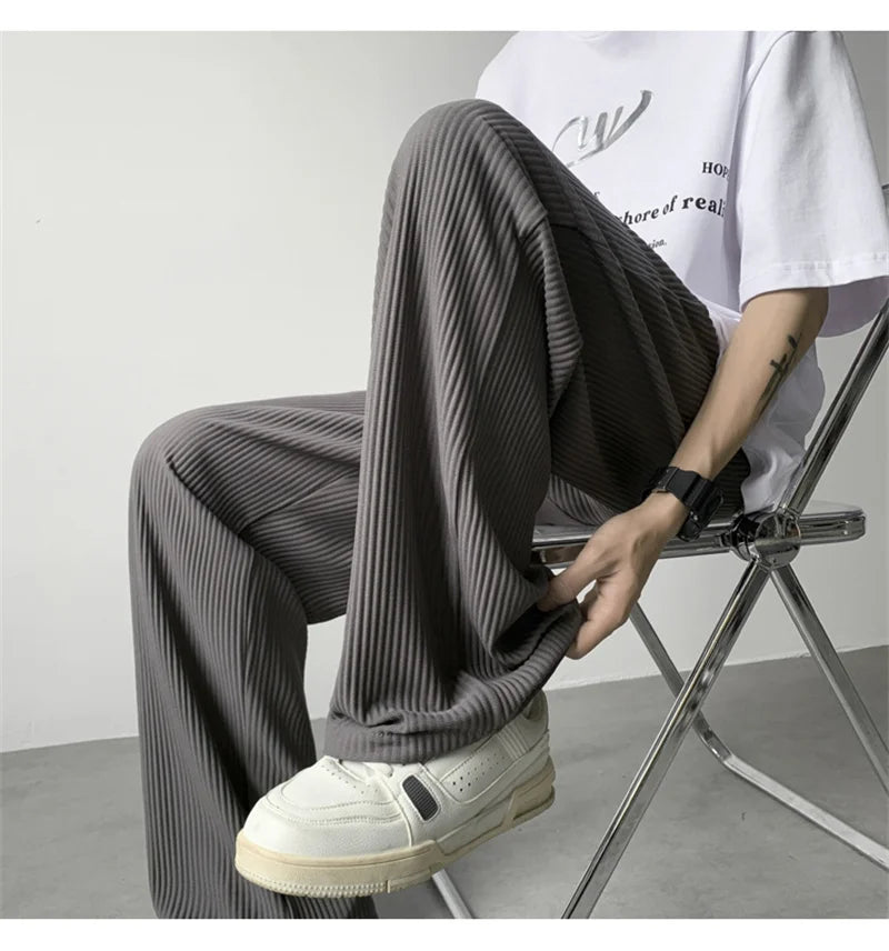 summer texture straight pants for men korean fashion baggy wide leg trousers casual drape pleated striped y2k pantalones hombre unique default style 485