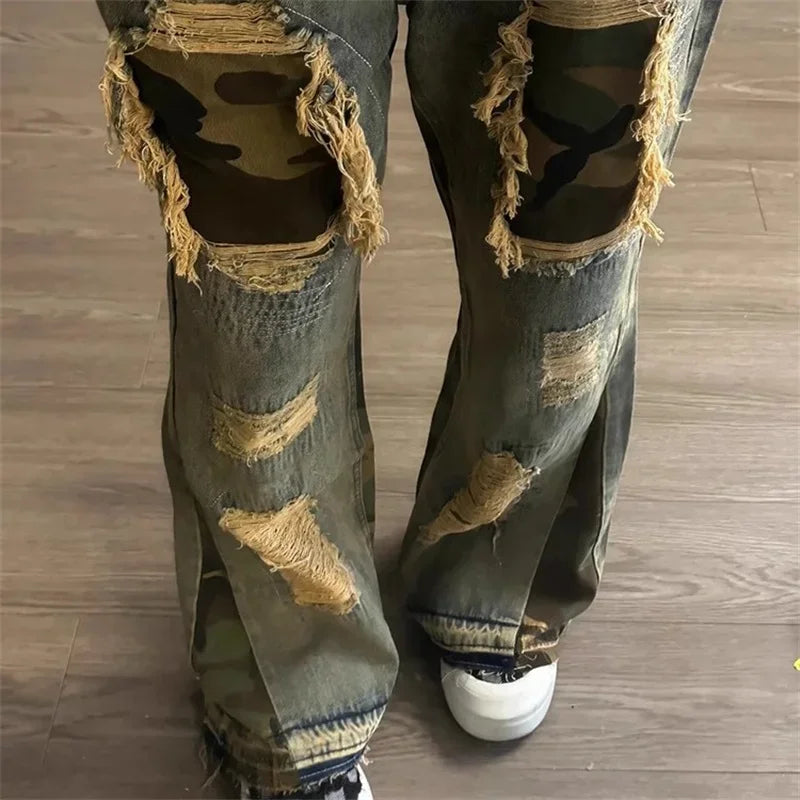 hip hop camouflage ripped patchwork denim pants for men y2k vintage streetwear wide leg jean 2025 new distressed baggy jeans unique jeans style 311