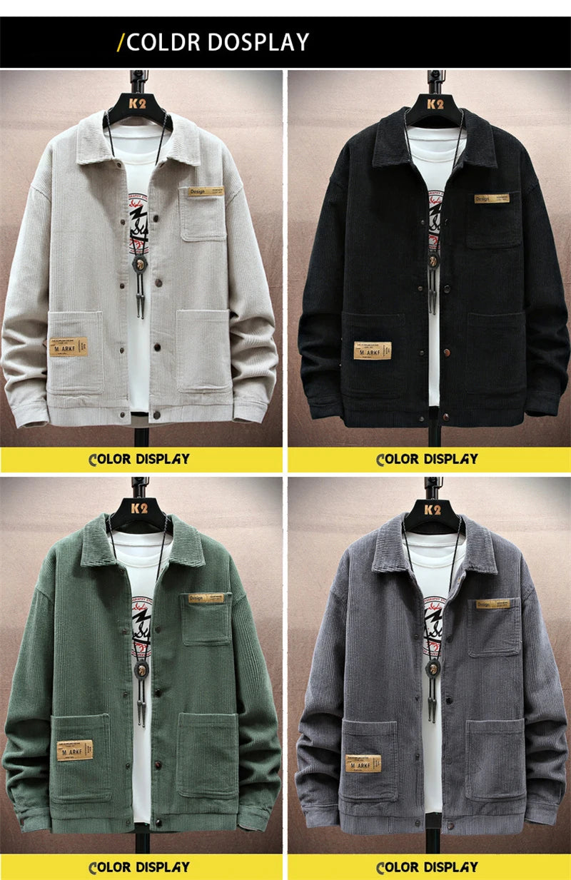 Streetwear Spring Appliques Long Sleeve Corduroy Shirts For Men Button Patchwork 2025 Spring Appliques Long Sleeve Corduroy Shirts For Men Button Patchwork Turn Down Collar Cargo Shirt Korean Fashion Jackets Fashion Sweater Jacket With Graphic Design For Men