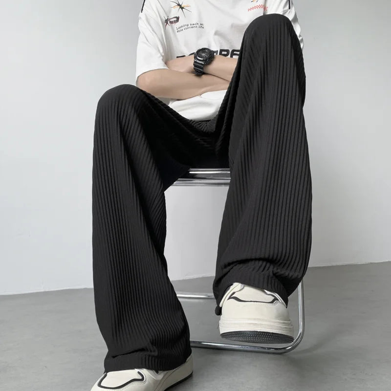 summer texture straight pants for men korean fashion baggy wide leg trousers casual drape pleated striped y2k pantalones hombre unique default style 477
