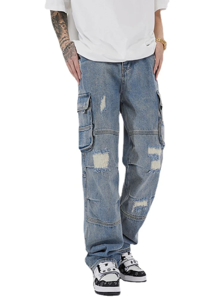 mens baggy jeans side big pocket distressed ripped denim jean straight pants high street cargo jean pants hip hop joggers jeans urban active pants