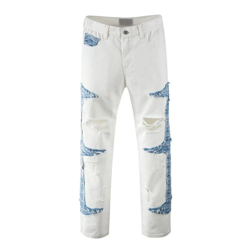 mens high street denim jean pants casual loose destroyed ripped holes straight jeans side patchwork hip hop streetwear joggers streetwear sweatpants