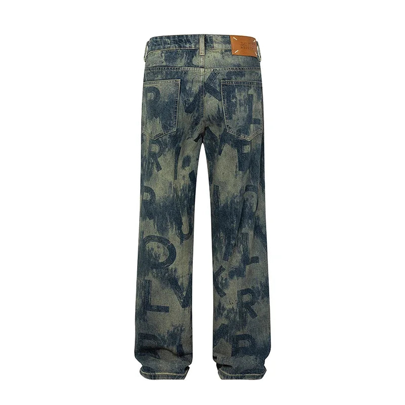 men loose casual american high street hip hop vibe printed denim baggy jeans pants man streetwear ripped jeans trousers unique jeans style 2970