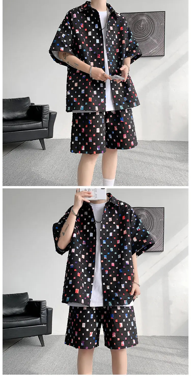 Summer Sets Men Fashion Short Sleeved Shirt Shorts Two-piece Men Korean Loose Hollow Out Set Mens Short Sets Plus Size M-5XL Street King Limited