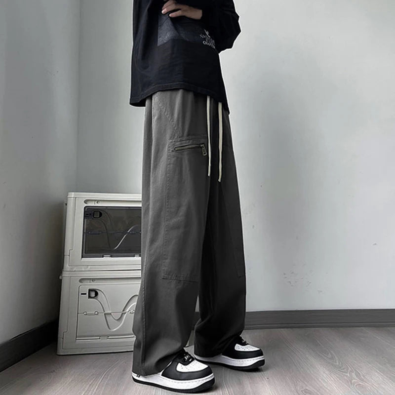 new korean fashion cargo straight pants for men autumn casual zipper pocket drawstring trousers classic tactical y2k pantalones 1 unique cargo style 227