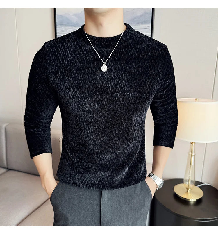 Autumn Winter Semi-turtleneck Stretch Slim Fit Long Sleeve Tshirt Men Thicken Velvet Jacquard Casual T-shirt Bottom T Shirt Street King Limited