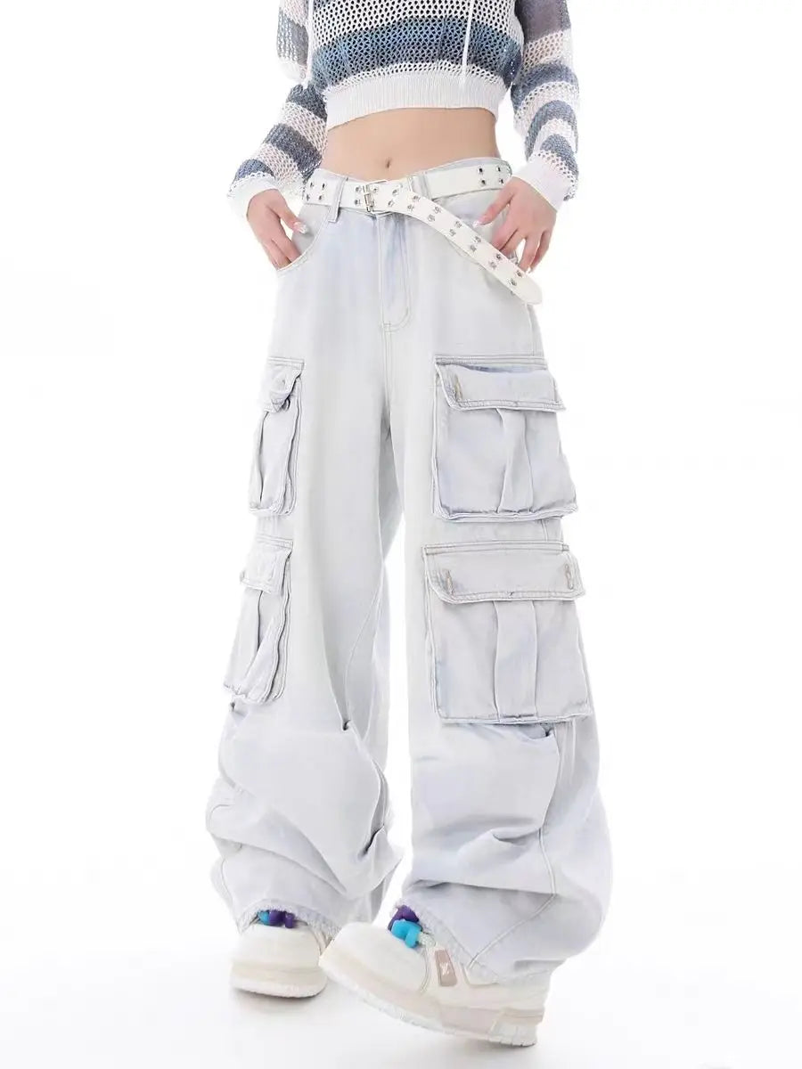 New street straight denim cargo pants overalls with multiple pockets casual wide leg mops jeans women y2k pants vintage clothes Street King Limited