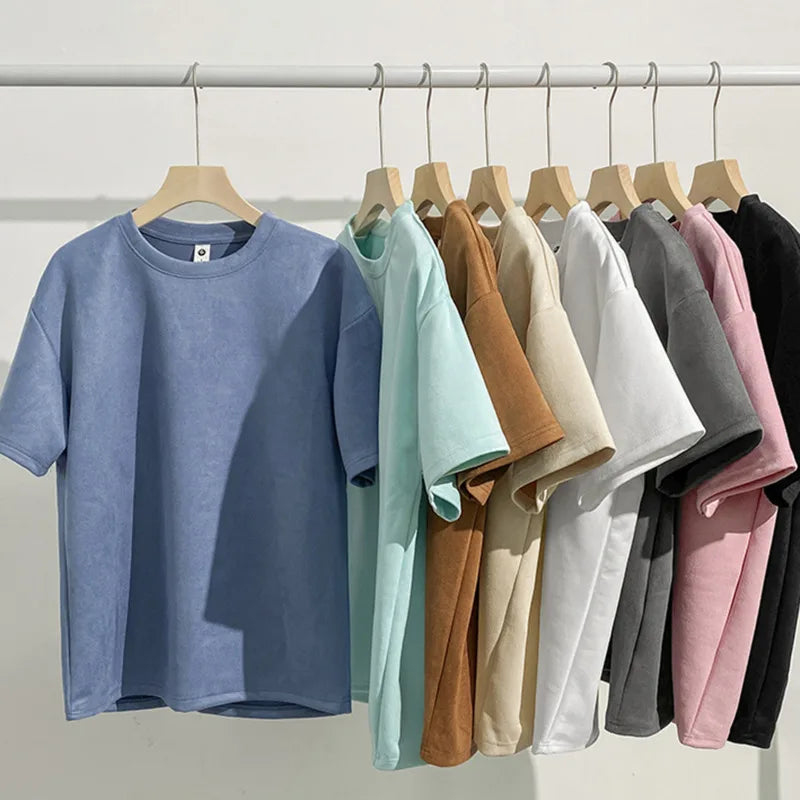 Summer Short Sleeve T-shirt Men Fashion Retro Suede T Shirt Men Streetwear Hip Hop Loose Round Neck Solid Color Tshirt Mens Top Street King Limited