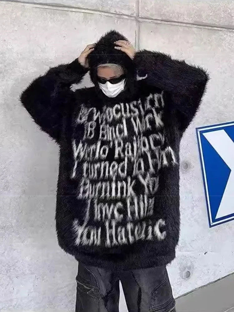 American Goth Fashion Hooded Sweater Mens Hip Hop Letter Jacquard Knit