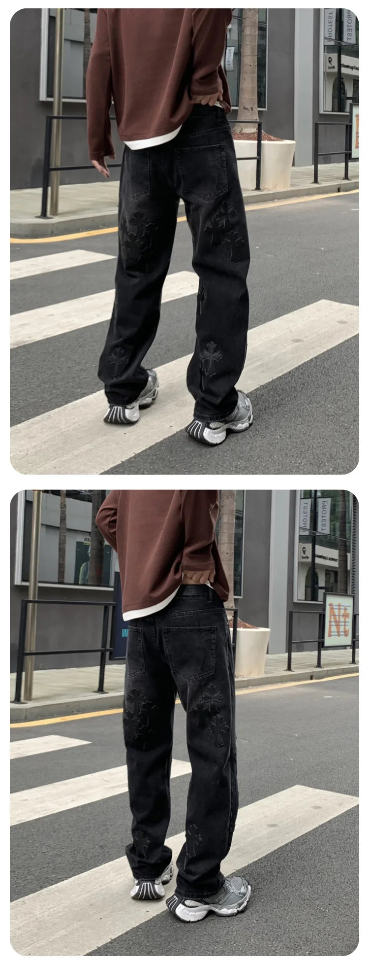 men embroidery streetwear brand fashion hip hop loose casual straight motorcycle denim jeans pant cityboy y2k jeans trousers unique jeans style 2372