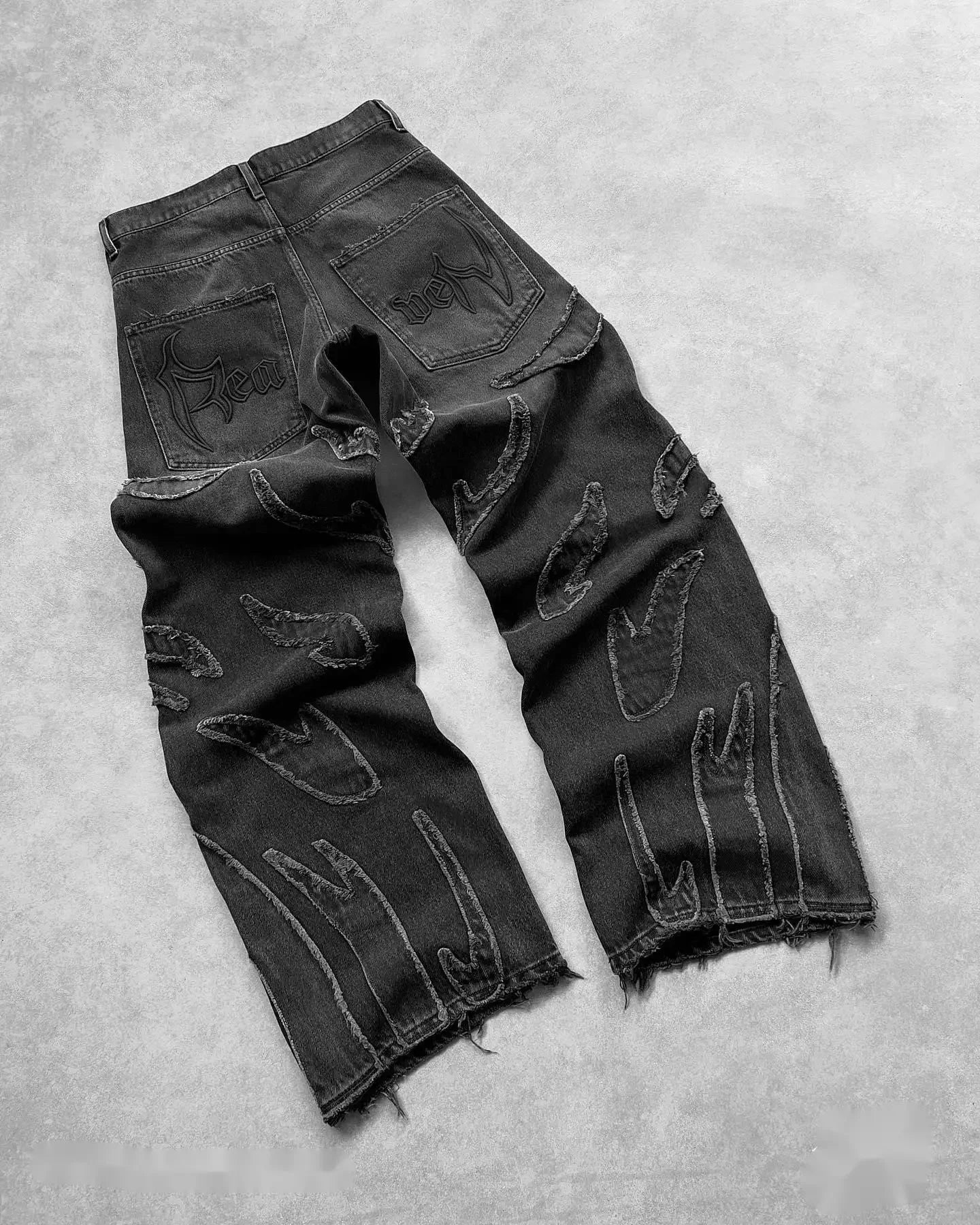 vintage y2k hip hop punk raw edge embroidery jeans black baggy jeans for men pattern patchwork high waisted denim pants unique jeans style 3914