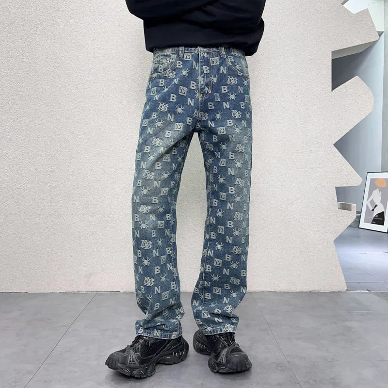 men jacquard streetwear hip hop vibe casual straight denim jeans pants boyfriend high street ripped jeans trousers unique jeans style 3029