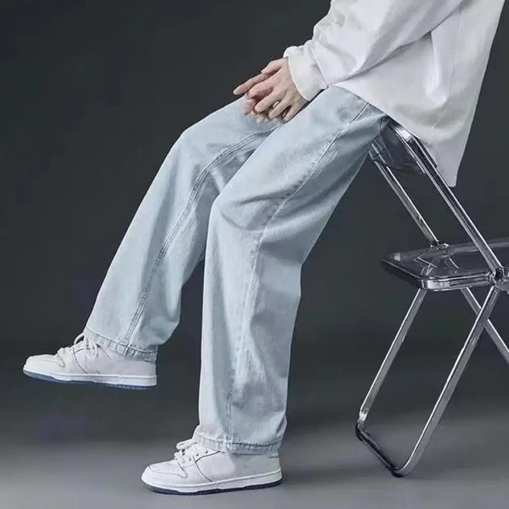 korean mens casual long jeans loose retro straight baggy pants denim wide leg pants light blue grey black retro washed jeans unique jeans style 1234