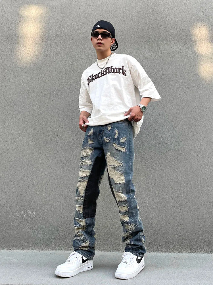 destroy ripped scratched patchwork denim jeans mens casual straight biker zipper trousers streetwear hip hop jean pants joggers unique joggers style 2897