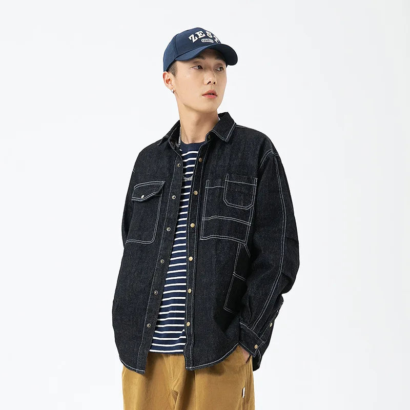 Vintage Men's Spring And Autumn New Washed Distressed Denim Shirt Jacket Loose Casual Long-Sleeved Coat Jacket Street King Limited
