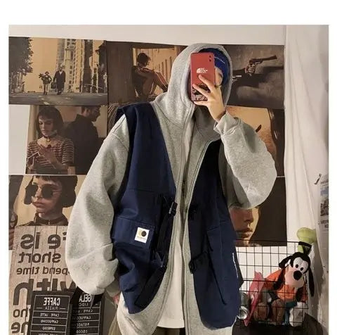 Fake two-piece coat men's ins, trendy Japanese functional workwear hooded jacket, autumn European and American retro trend tops Street King Limited