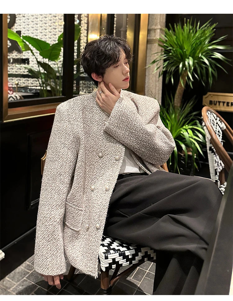 men double breasted french retro loose casual woolen short jacket man korean streetwear show fashion coat autumn outerwear unique shorts style 1321