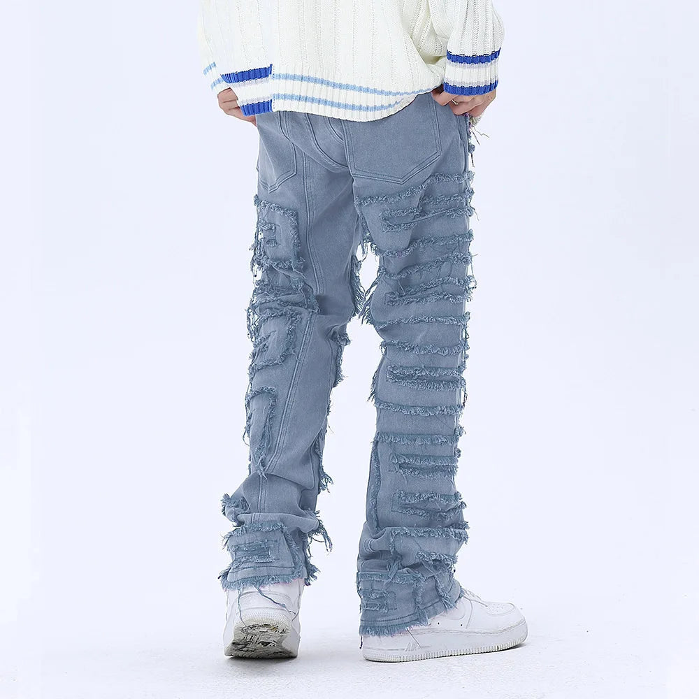 tassel hole spliced european and american straight leg denim pants new popular patch jeans mens wear unique jeans style 302