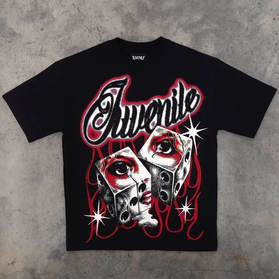 Trendy Brand Rock Punk Streetwear Y2K Harajuku Gothic Retro Pattern Printed Oversized T-shirt Men American Hip-hop Casual Tops Street King Limited