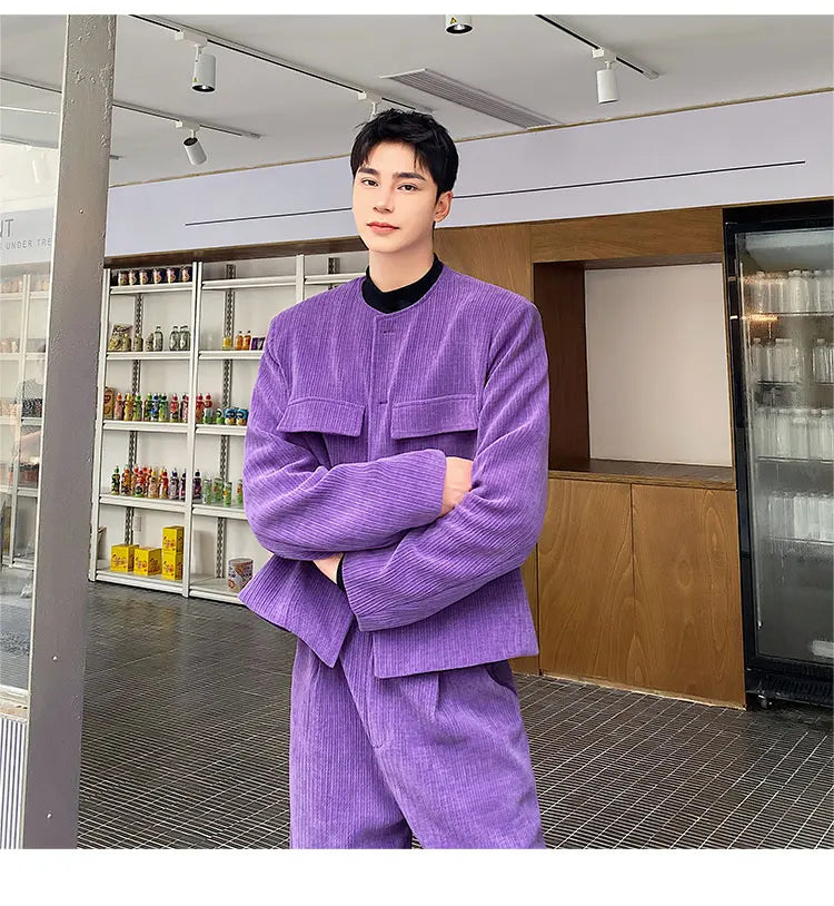 men 2 pieces sets corduroy short jacket wide leg pant suits korean streetwear fashion loose casual retro coat baggy trousers unique shorts style 2689