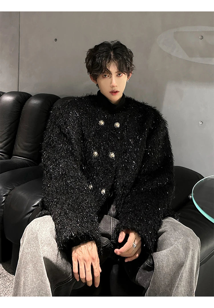 men double breasted french streetwear retro fashion loose casual tassels woolen short jacket man korean coat outerwear unique shorts style 1290