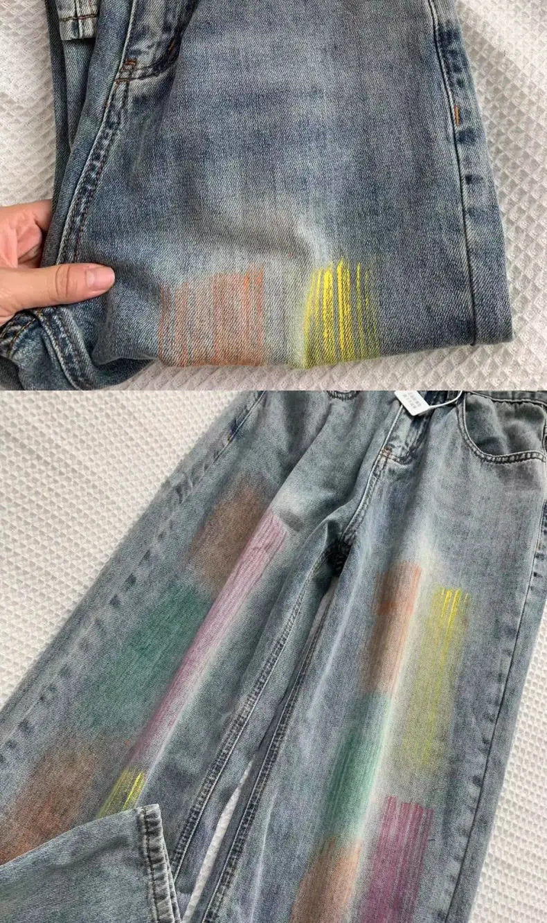 american retro personalized trend color gradient jeans for men and women new washed straight leg micro flared casual pants y2k unique jeans style 643