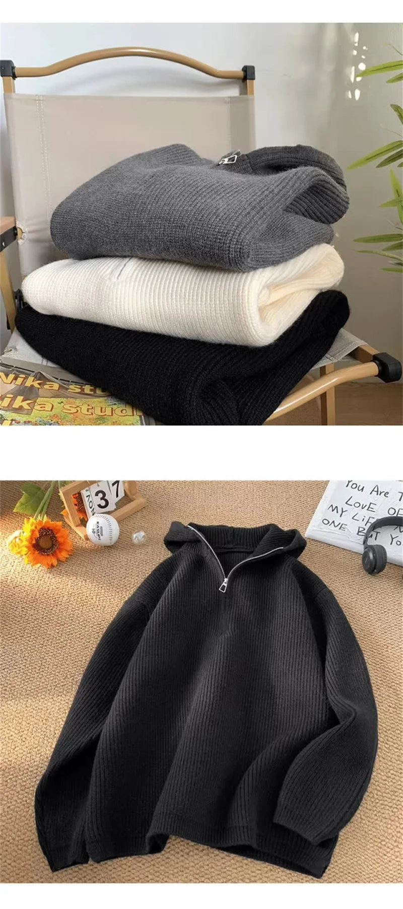 New Half Zipper sweater Knitted Sweater For Men Y2K Vintage Long Sleeve